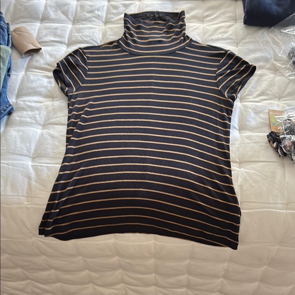CAbi Black and Tan Slinky Turtleneck Style #4202 Short Sleeve Top